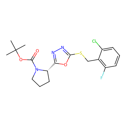 (S)-tert-butyl 2-(5-((2-chloro-6-fluorobenzyl)thio)-1,3,4-oxadiazol-2-yl)pyrrolidine-1-carboxylate structure