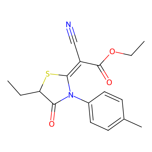 (E)-ethyl 2-cyano-2-(5-ethyl-4-oxo-3-(p-tolyl)thiazolidin-2-ylidene)acetate structure