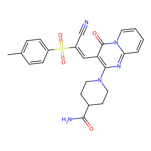 1-[3-[(E)-2-cyano-2-(4-methylphenyl)sulfonylethenyl]-4-oxopyrido[1,2-a]pyrimidin-2-yl]piperidine-4-carboxamide structure