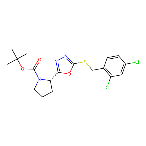tert-butyl (2S)-2-[5-[(2,4-dichlorophenyl)methylsulfanyl]-1,3,4-oxadiazol-2-yl]pyrrolidine-1-carboxylate structure