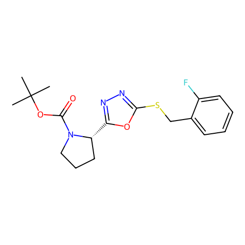 (S)-tert-butyl 2-(5-((2-fluorobenzyl)thio)-1,3,4-oxadiazol-2-yl)pyrrolidine-1-carboxylate structure