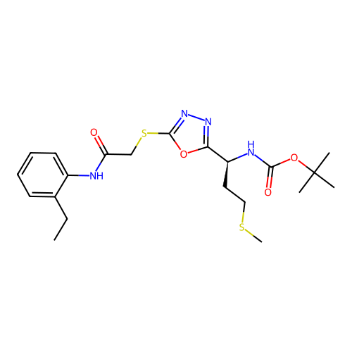 (S)-tert-butyl (1-(5-((2-((2-ethylphenyl)amino)-2-oxoethyl)thio)-1,3,4-oxadiazol-2-yl)-3-(methylthio)propyl)carbamate structure