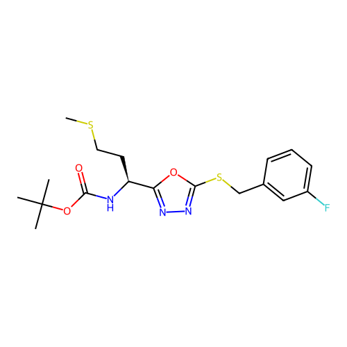 (S)-tert-butyl (1-(5-((3-fluorobenzyl)thio)-1,3,4-oxadiazol-2-yl)-3-(methylthio)propyl)carbamate structure