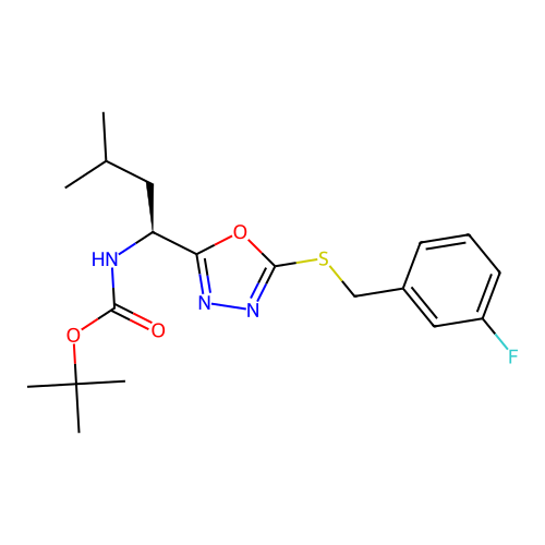 (S)-tert-butyl (1-(5-((3-fluorobenzyl)thio)-1,3,4-oxadiazol-2-yl)-3-methylbutyl)carbamate structure