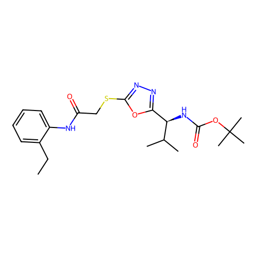(S)-tert-butyl (1-(5-((2-((2-ethylphenyl)amino)-2-oxoethyl)thio)-1,3,4-oxadiazol-2-yl)-2-methylpropyl)carbamate structure