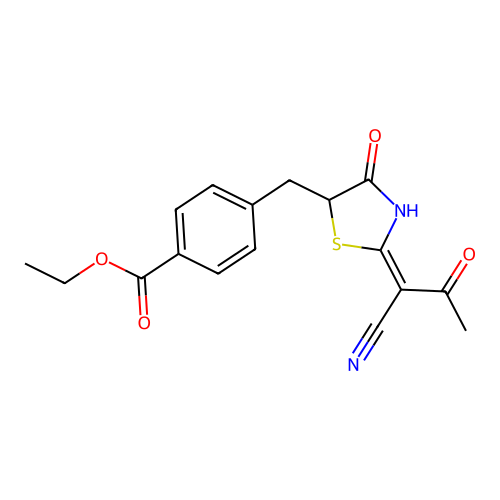 (E)-ethyl 4-((2-(1-cyano-2-oxopropylidene)-4-oxothiazolidin-5-yl)methyl)benzoate structure