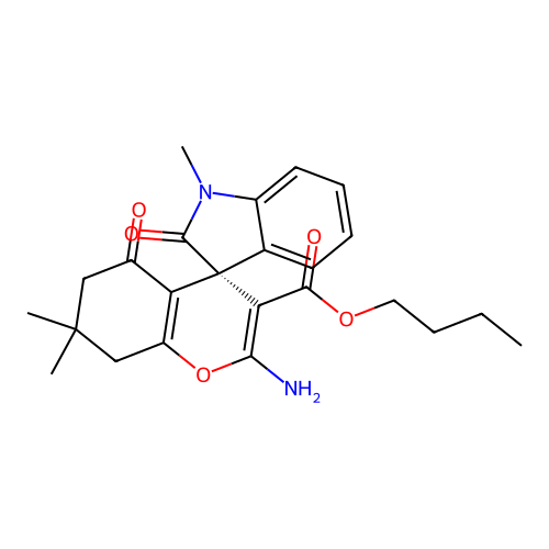 (S)-butyl 2-amino-1',7,7-trimethyl-2',5-dioxo-5,6,7,8-tetrahydrospiro[chromene-4,3'-indoline]-3-carboxylate structure