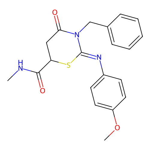 (2Z)-3-benzyl-2-[(4-methoxyphenyl)imino]-N-methyl-4-oxo-1,3-thiazinane-6-carboxamide structure