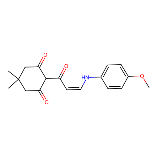 (Z)-2-(3-((4-methoxyphenyl)amino)acryloyl)-5,5-dimethylcyclohexane-1,3-dione structure