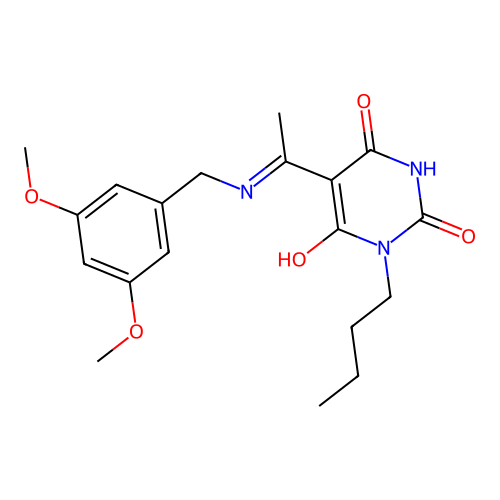 (Z)-1-butyl-5-(1-((3,5-dimethoxybenzyl)amino)ethylidene)pyrimidine-2,4,6(1H,3H,5H)-trione structure