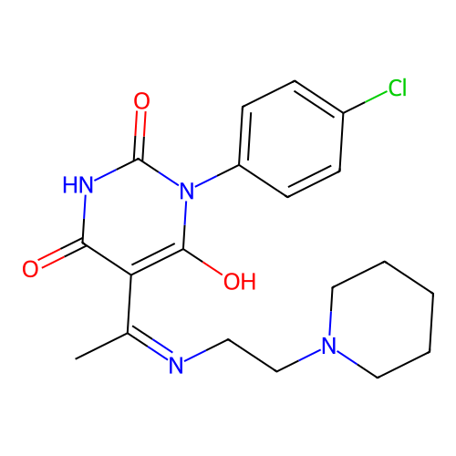 (5E)-1-(4-chlorophenyl)-5-[1-(2-piperidin-1-ylethylamino)ethylidene]-1,3-diazinane-2,4,6-trione structure