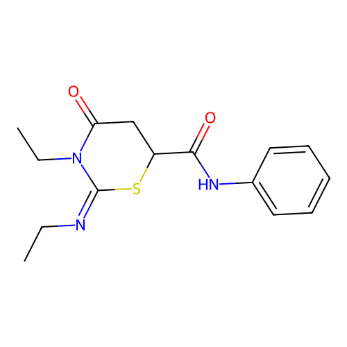 3-Ethyl-2-ethylimino-4-oxo-[1,3]thiazinane-6-carboxylic acid phenylamide structure