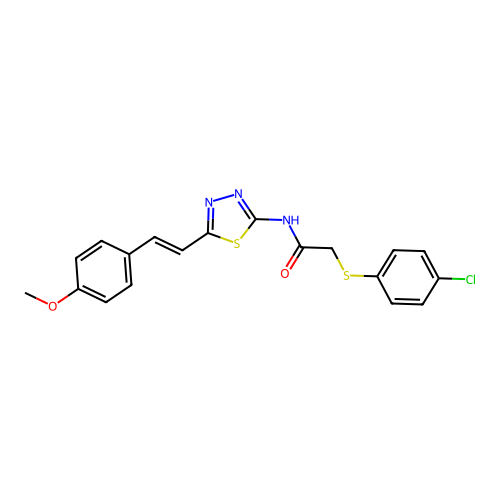 (E)-2-((4-chlorophenyl)thio)-N-(5-(4-methoxystyryl)-1,3,4-thiadiazol-2-yl)acetamide structure