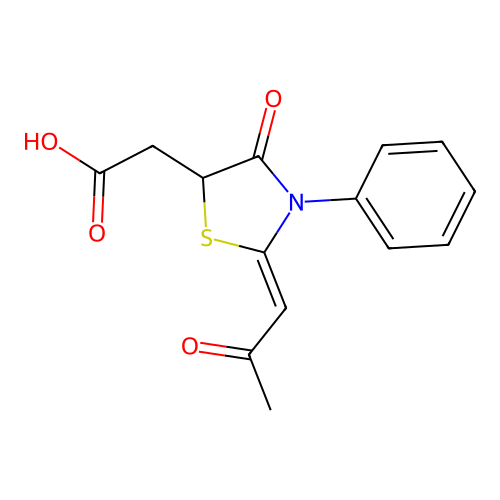 2-[(2Z)-4-oxo-2-(2-oxopropylidene)-3-phenyl-1,3-thiazolidin-5-yl]acetic acid structure