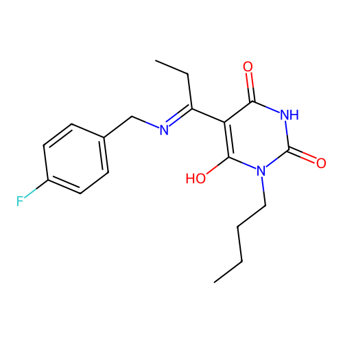 (5E)-1-butyl-5-[1-[(4-fluorophenyl)methylamino]propylidene]-1,3-diazinane-2,4,6-trione structure