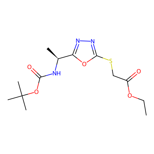 (S)-ethyl 2-((5-(1-((tert-butoxycarbonyl)amino)ethyl)-1,3,4-oxadiazol-2-yl)thio)acetate structure