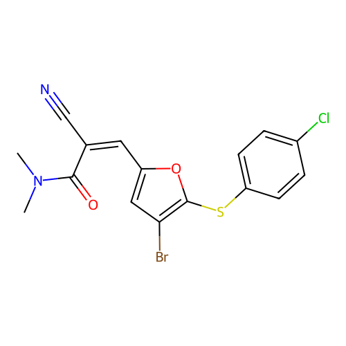 (Z)-3-(4-bromo-5-((4-chlorophenyl)thio)furan-2-yl)-2-cyano-N,N-dimethylacrylamide structure
