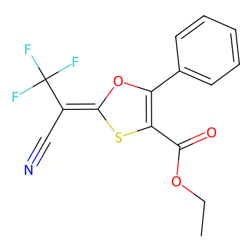 ethyl (2E)-2-(1-cyano-2,2,2-trifluoroethylidene)-5-phenyl-1,3-oxathiole-4-carboxylate structure