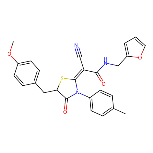 (2E)-2-cyano-N-(furan-2-ylmethyl)-2-[5-[(4-methoxyphenyl)methyl]-3-(4-methylphenyl)-4-oxo-1,3-thiazolidin-2-ylidene]acetamide structure