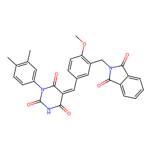 (5Z)-1-(3,4-dimethylphenyl)-5-[[3-[(1,3-dioxoisoindol-2-yl)methyl]-4-methoxyphenyl]methylidene]-1,3-diazinane-2,4,6-trione structure
