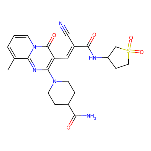 1-(3-{(1E)-2-cyano-3-[(1,1-dioxidotetrahydrothiophen-3-yl)amino]-3-oxoprop-1-en-1-yl}-9-methyl-4-oxo-4H-pyrido[1,2-a]pyrimidin-2-yl)piperidine-4-carboxamide structure