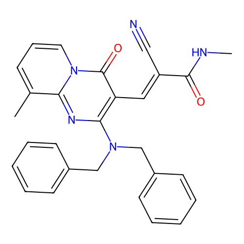 (E)-2-Cyano-3-(2-dibenzylamino-9-methyl-4-oxo-4H-pyrido[1,2-a]pyrimidin-3-yl)-N-methyl-acrylamide structure