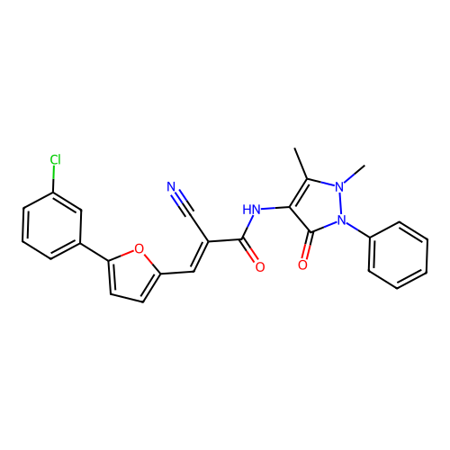 (2E)-3-[5-(3-chlorophenyl)furan-2-yl]-2-cyano-N-(1,5-dimethyl-3-oxo-2-phenyl-2,3-dihydro-1H-pyrazol-4-yl)prop-2-enamide structure