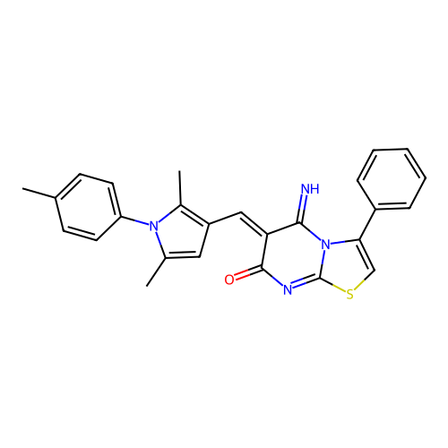 (6Z)-6-[[2,5-dimethyl-1-(4-methylphenyl)pyrrol-3-yl]methylidene]-5-imino-3-phenyl-[1,3]thiazolo[3,2-a]pyrimidin-7-one structure