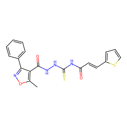 (E)-N-[[(5-methyl-3-phenyl-1,2-oxazole-4-carbonyl)amino]carbamothioyl]-3-thiophen-2-ylprop-2-enamide structure