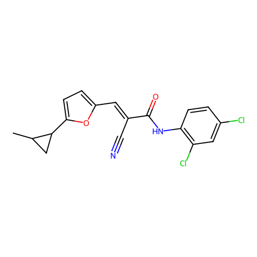 (E)-2-cyano-N-(2,4-dichlorophenyl)-3-[5-(2-methylcyclopropyl)furan-2-yl]prop-2-enamide structure