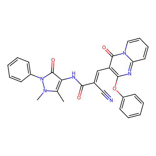(2E)-2-cyano-N-(1,5-dimethyl-3-oxo-2-phenyl-2,3-dihydro-1H-pyrazol-4-yl)-3-(4-oxo-2-phenoxy-4H-pyrido[1,2-a]pyrimidin-3-yl)prop-2-enamide structure
