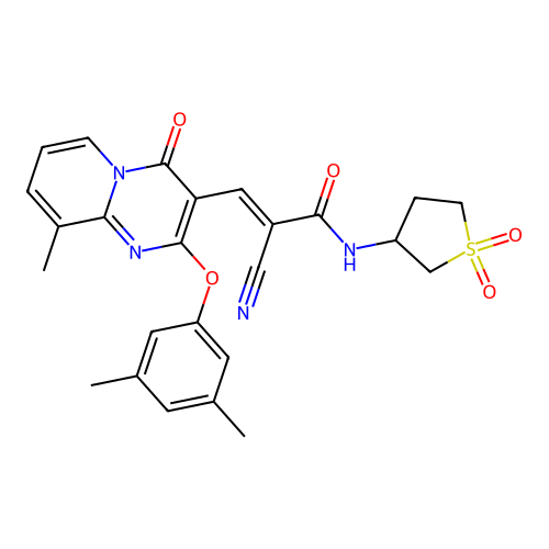 (E)-2-Cyano-3-[2-(3,5-dimethyl-phenoxy)-9-methyl-4-oxo-4H-pyrido[1,2-a]pyrimidin-3-yl]-N-(1,1-dioxo-tetrahydro-1lambda*6*-thiophen-3-yl)-acrylamide structure