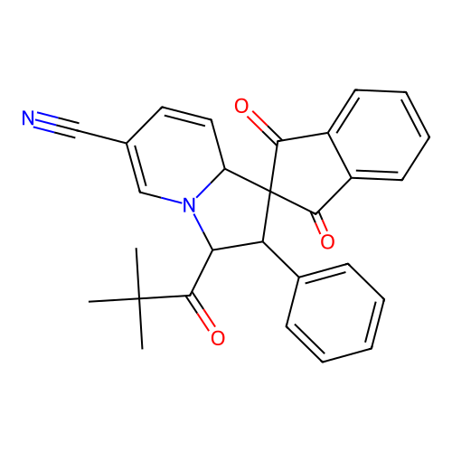 1,3-dioxo-2'-phenyl-3'-pivaloyl-1,3,3',8a'-tetrahydro-2'H-spiro[indene-2,1'-indolizine]-6'-carbonitrile structure