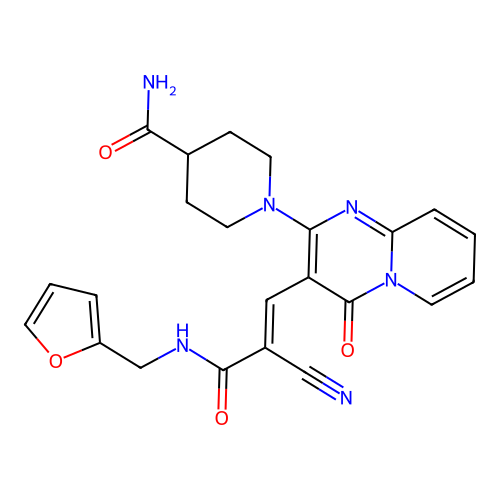 1-[3-[(E)-2-cyano-3-(furan-2-ylmethylamino)-3-oxoprop-1-enyl]-4-oxopyrido[1,2-a]pyrimidin-2-yl]piperidine-4-carboxamide structure