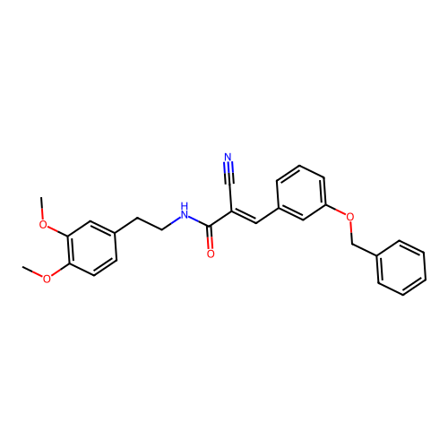 3-[3-(benzyloxy)phenyl]-2-cyano-N-[2-(3,4-dimethoxyphenyl)ethyl]prop-2-enamide structure