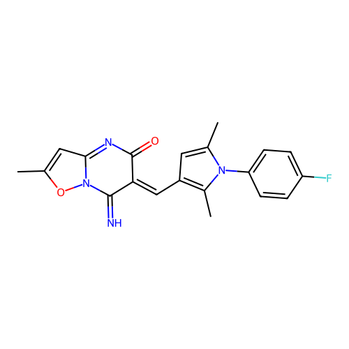 (6Z)-6-[[1-(4-fluorophenyl)-2,5-dimethylpyrrol-3-yl]methylidene]-7-imino-2-methyl-[1,2]oxazolo[2,3-a]pyrimidin-5-one structure