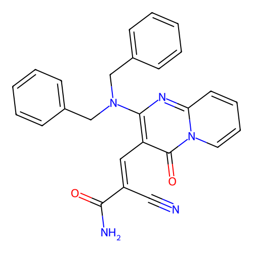 (2E)-2-cyano-3-[2-(dibenzylamino)-4-oxo-4H-pyrido[1,2-a]pyrimidin-3-yl]prop-2-enamide structure