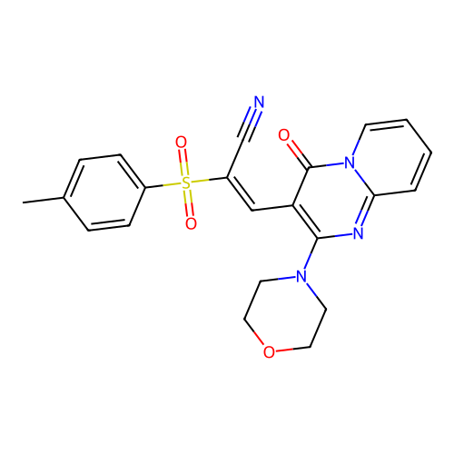 (E)-2-(4-methylphenyl)sulfonyl-3-(2-morpholin-4-yl-4-oxopyrido[1,2-a]pyrimidin-3-yl)prop-2-enenitrile structure