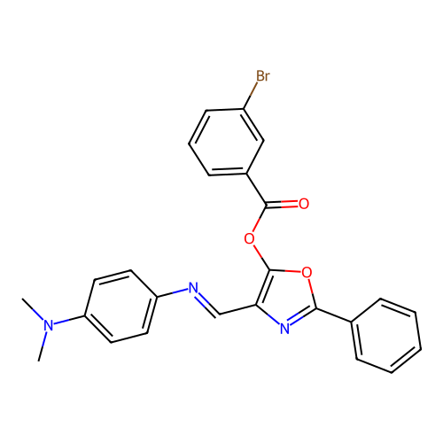 (E)-4-(((4-(dimethylamino)phenyl)imino)methyl)-2-phenyloxazol-5-yl 3-bromobenzoate structure