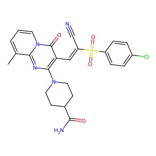 (E)-1-(3-(2-((4-chlorophenyl)sulfonyl)-2-cyanovinyl)-9-methyl-4-oxo-4H-pyrido[1,2-a]pyrimidin-2-yl)piperidine-4-carboxamide structure