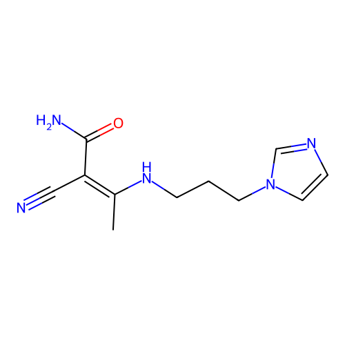 (2Z)-2-cyano-3-{[3-(1H-imidazol-1-yl)propyl]amino}but-2-enamide structure