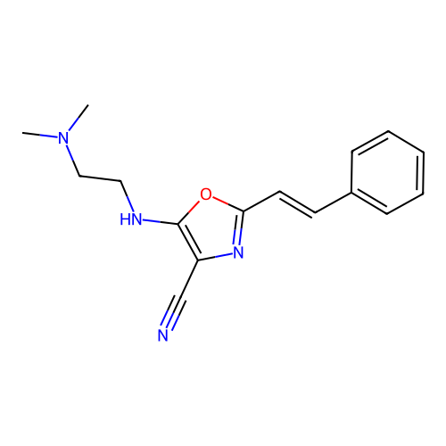 5-{[2-(dimethylamino)ethyl]amino}-2-[(E)-2-phenylethenyl]-1,3-oxazole-4-carbonitrile structure