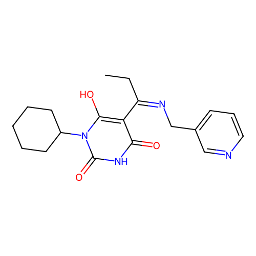 (E)-1-cyclohexyl-5-(1-((pyridin-3-ylmethyl)amino)propylidene)pyrimidine-2,4,6(1H,3H,5H)-trione structure