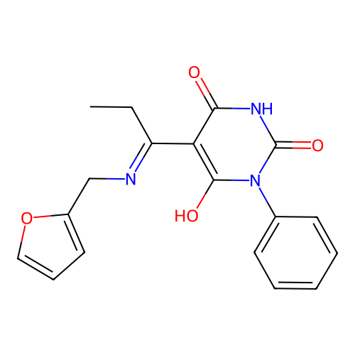 (5E)-5-[1-(furan-2-ylmethylamino)propylidene]-1-phenyl-1,3-diazinane-2,4,6-trione structure