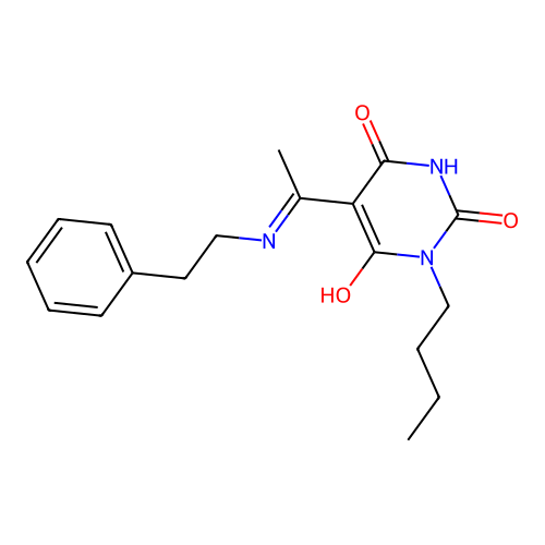 (Z)-1-butyl-5-(1-(phenethylamino)ethylidene)pyrimidine-2,4,6(1H,3H,5H)-trione structure