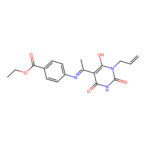 ethyl 4-[1-(2,4,6-trioxo-1-prop-2-enyl-1,3-diazinan-5-ylidene)ethylamino]benzoate structure