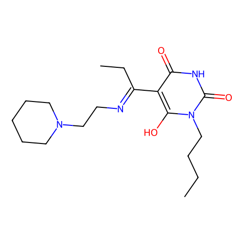 (5E)-1-butyl-5-[1-(2-piperidin-1-ylethylamino)propylidene]-1,3-diazinane-2,4,6-trione structure