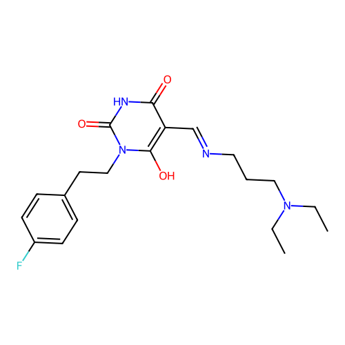 (E)-5-(((3-(diethylamino)propyl)amino)methylene)-1-(4-fluorophenethyl)pyrimidine-2,4,6(1H,3H,5H)-trione structure