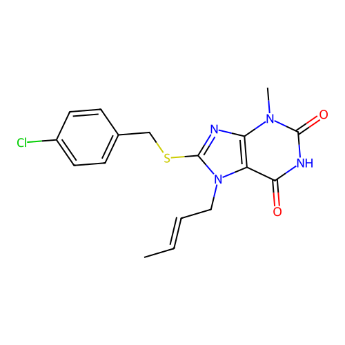 7-[(E)-but-2-enyl]-8-[(4-chlorophenyl)methylsulfanyl]-3-methylpurine-2,6-dione structure