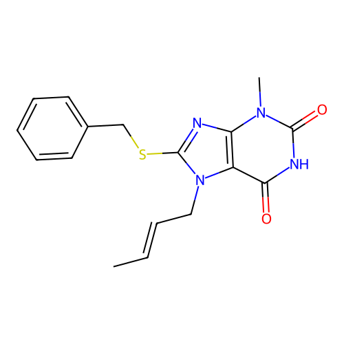 8-benzylsulfanyl-7-[(E)-but-2-enyl]-3-methylpurine-2,6-dione structure